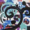 Colorful abstract painting with bold black swirls over teal, blue and purple