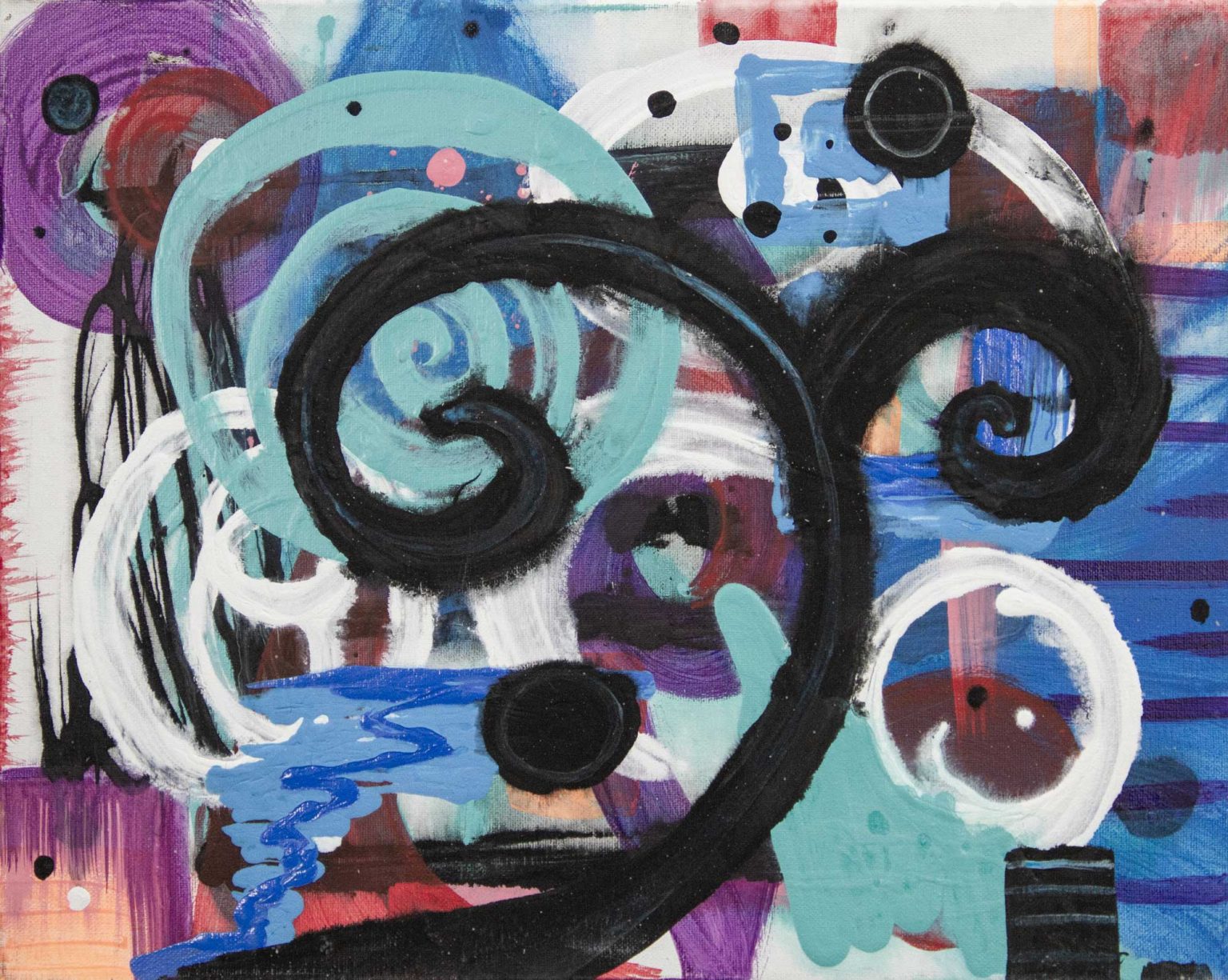 Colorful abstract painting with bold black swirls over teal, blue and purple