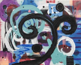 Colorful abstract painting with bold black swirls over teal, blue and purple