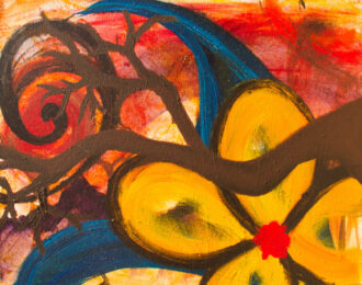 Acrylic floral painting of a yellow flower with dark branches on a warm orange background