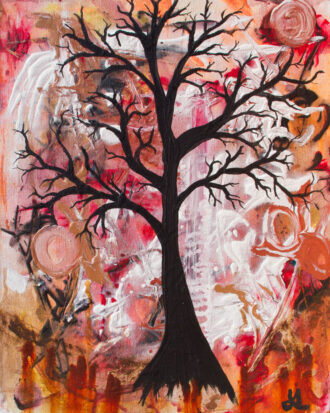 Black light reactive acrylic painting of a bare black tree on a red and orange background