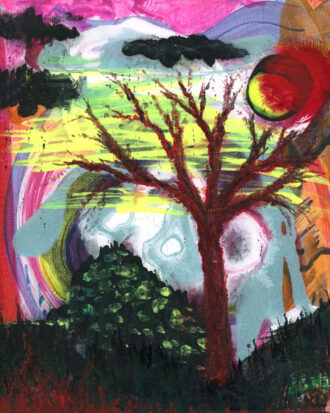 Black light reactive acrylic painting of a tree under a glowing moon and rainbow sky