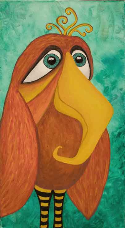 Curly Bird, orange bird with green background. Original Artwork by Kristy Lewellen