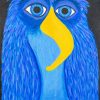 Folk art bird painting of a blue bird with big round eyes on black
