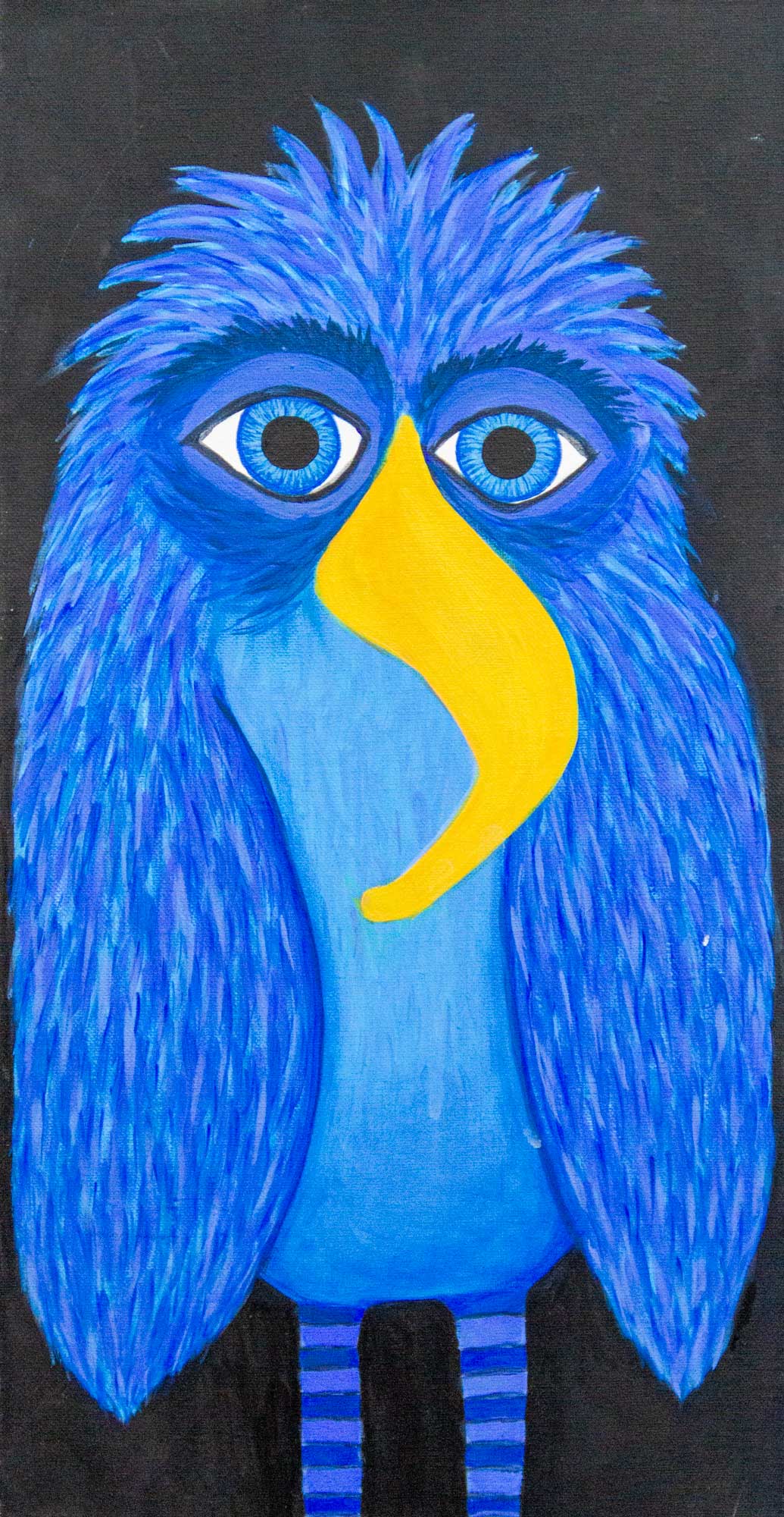 Folk art bird painting of a blue bird with big round eyes on black