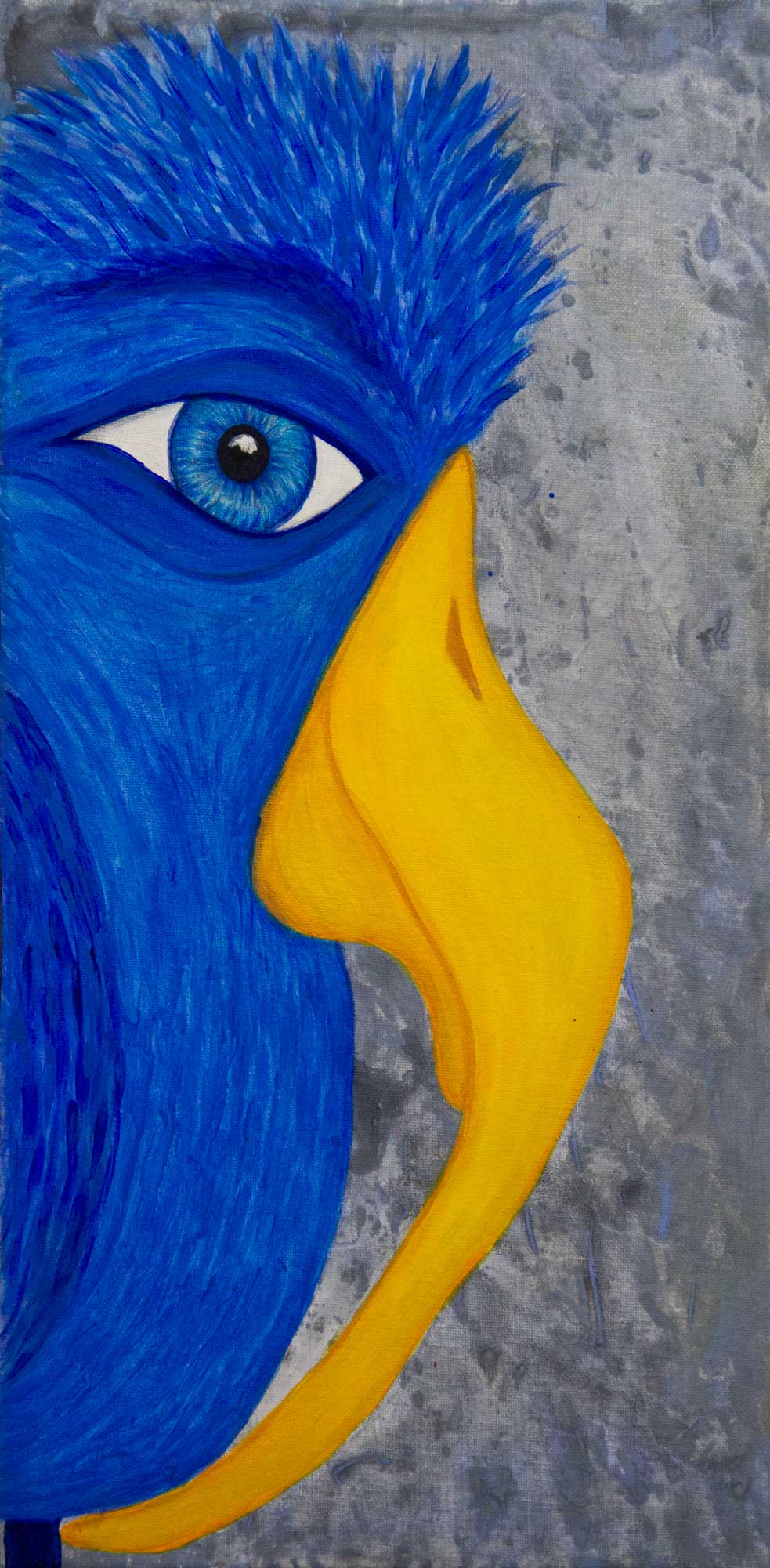 Bird portrait painting of a blue bird close-up with a golden yellow beak