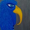 Large bird painting of a cobalt blue bird in profile with a hooked gold beak