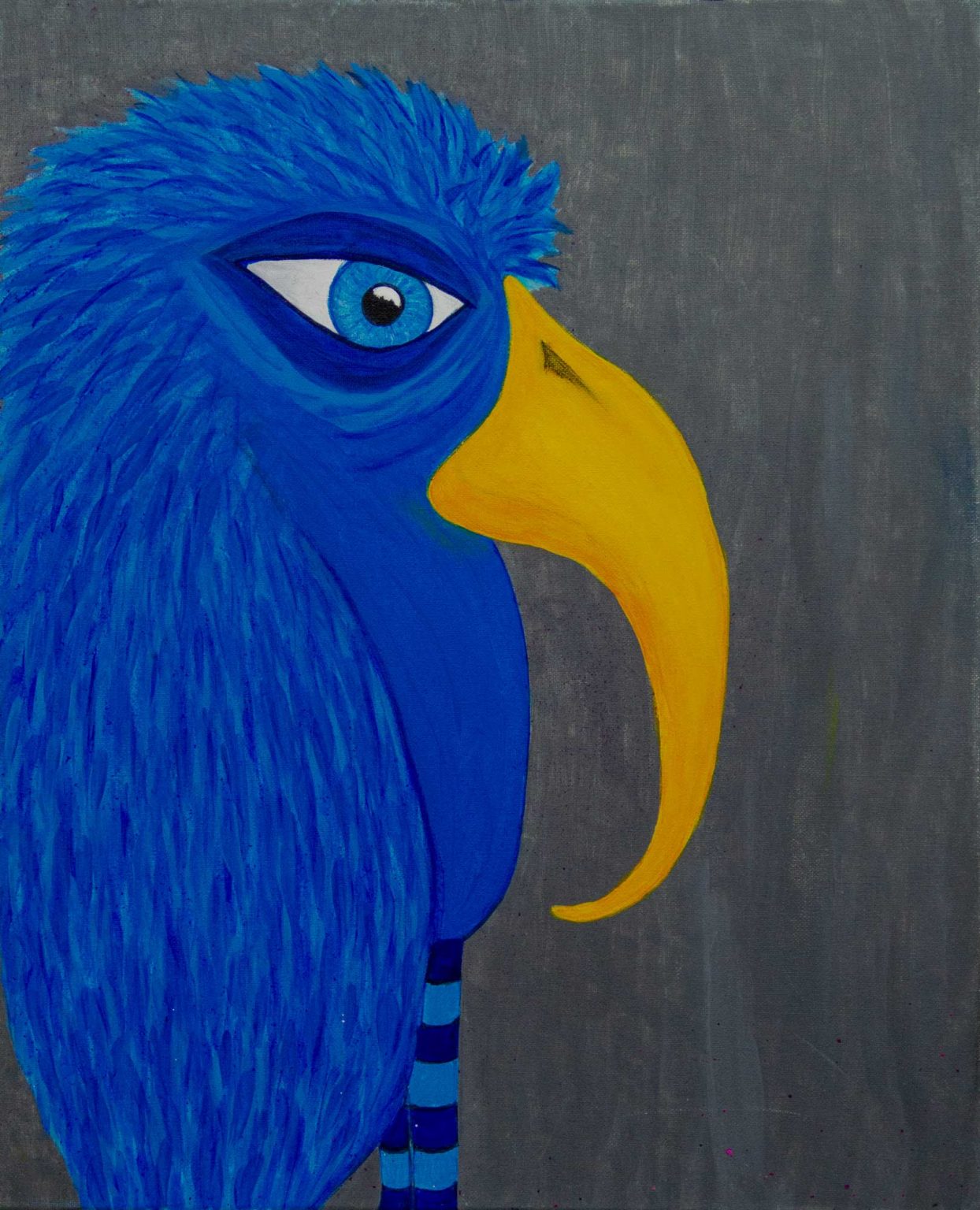 Large bird painting of a cobalt blue bird in profile with a hooked gold beak