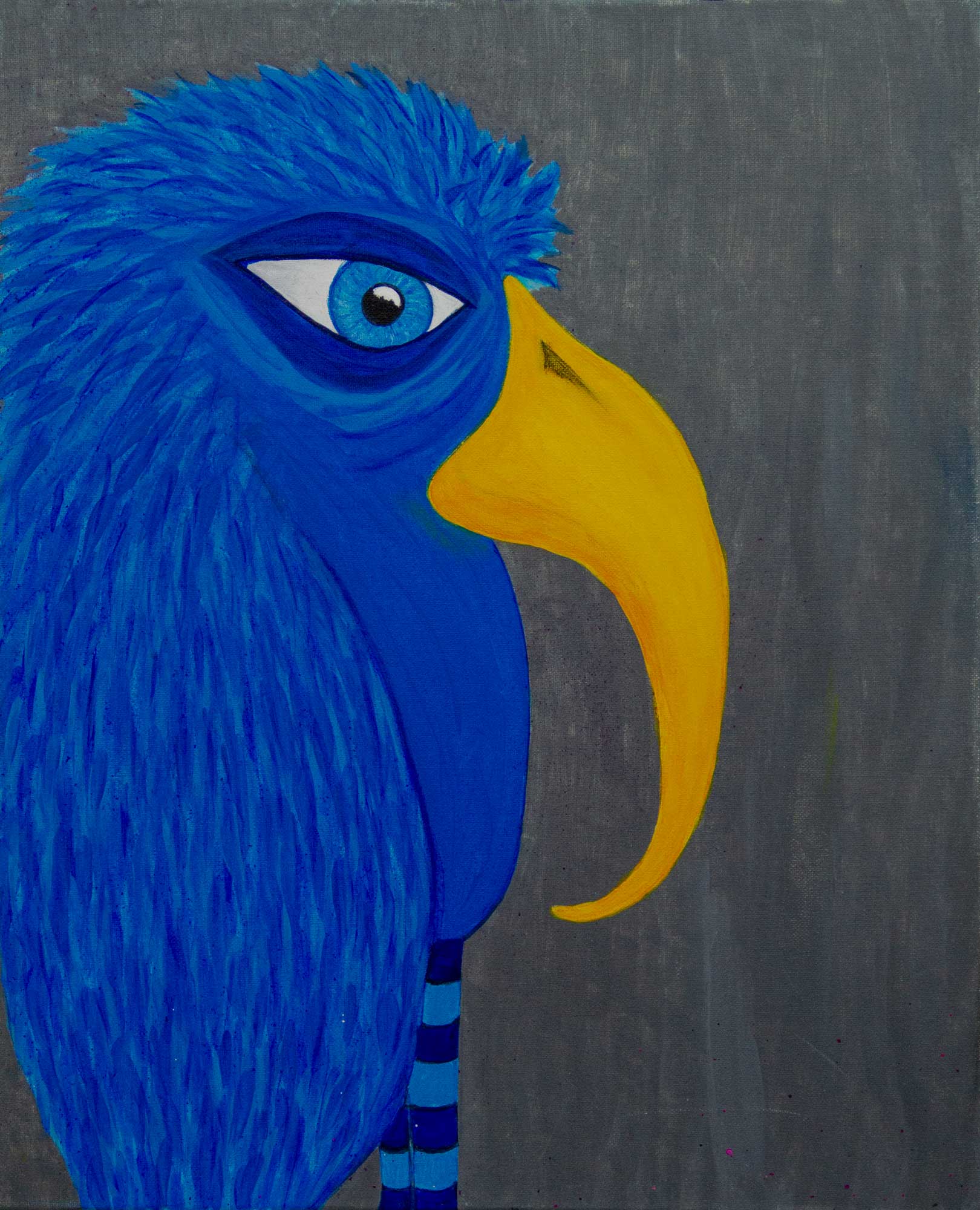 Large bird painting of a cobalt blue bird in profile with a hooked gold beak