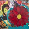 Colorful floral painting of a burgundy-red flower with gold center on a warm background
