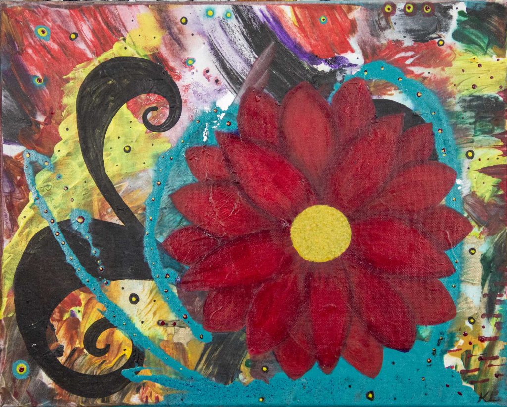 Colorful floral painting of a burgundy-red flower with gold center on a warm background