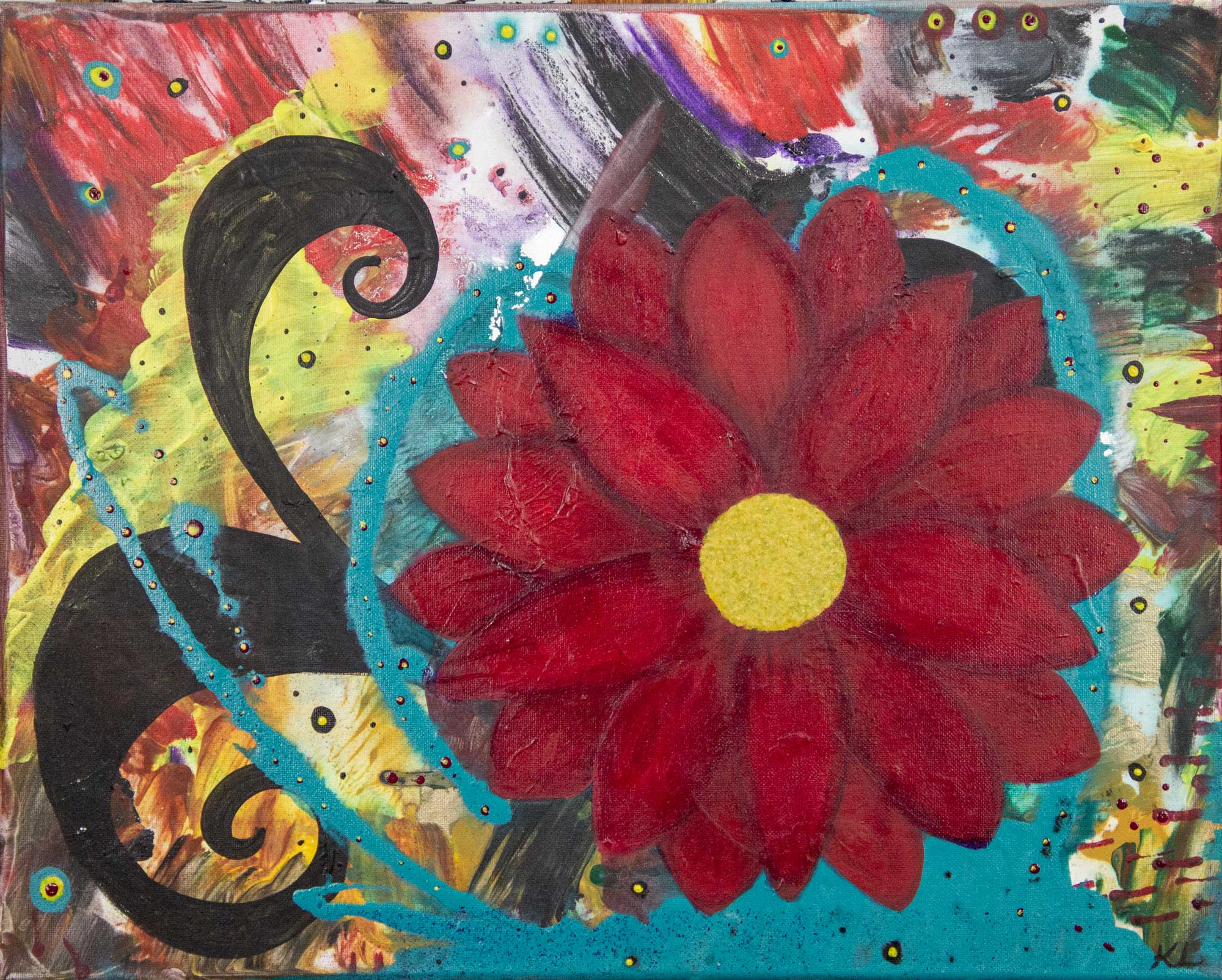 Colorful floral painting of a burgundy-red flower with gold center on a warm background