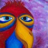 Colorful bird painting close-up with red feathers and gold-ringed blue eyes