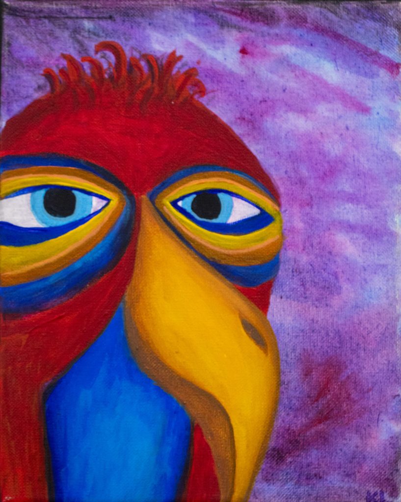 Colorful bird painting close-up with red feathers and gold-ringed blue eyes