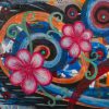 Colorful floral painting of two pink flowers with green vines over concentric rings