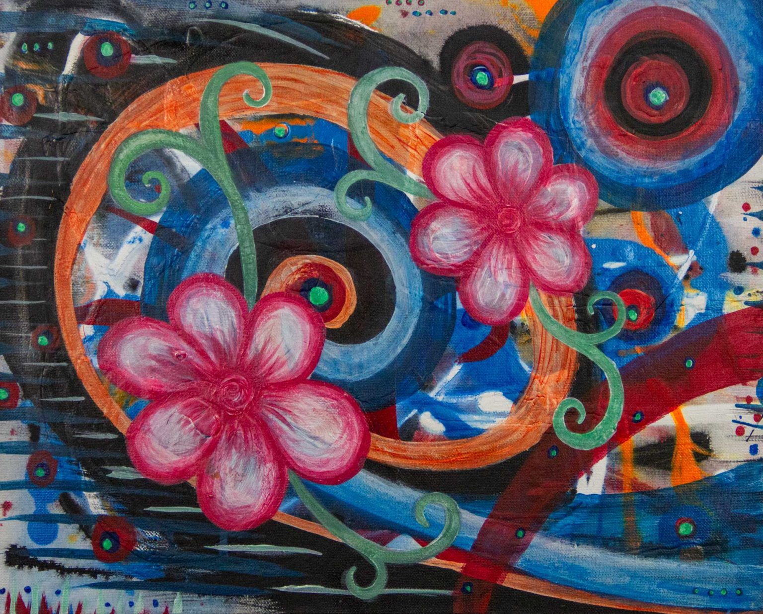 Colorful floral painting of two pink flowers with green vines over concentric rings