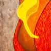 Red bird painting of a fiery red and orange bird with a black mask