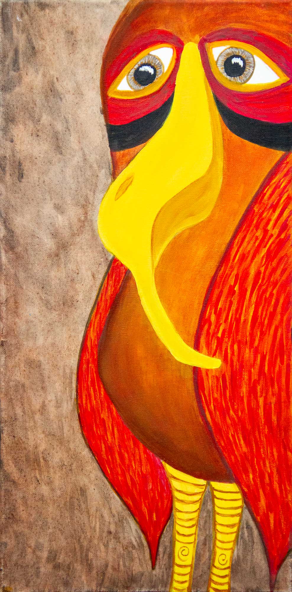 Red bird painting of a fiery red and orange bird with a black mask