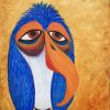 Funny bird painting of a blue bird with sleepy eyes and drooping orange beak