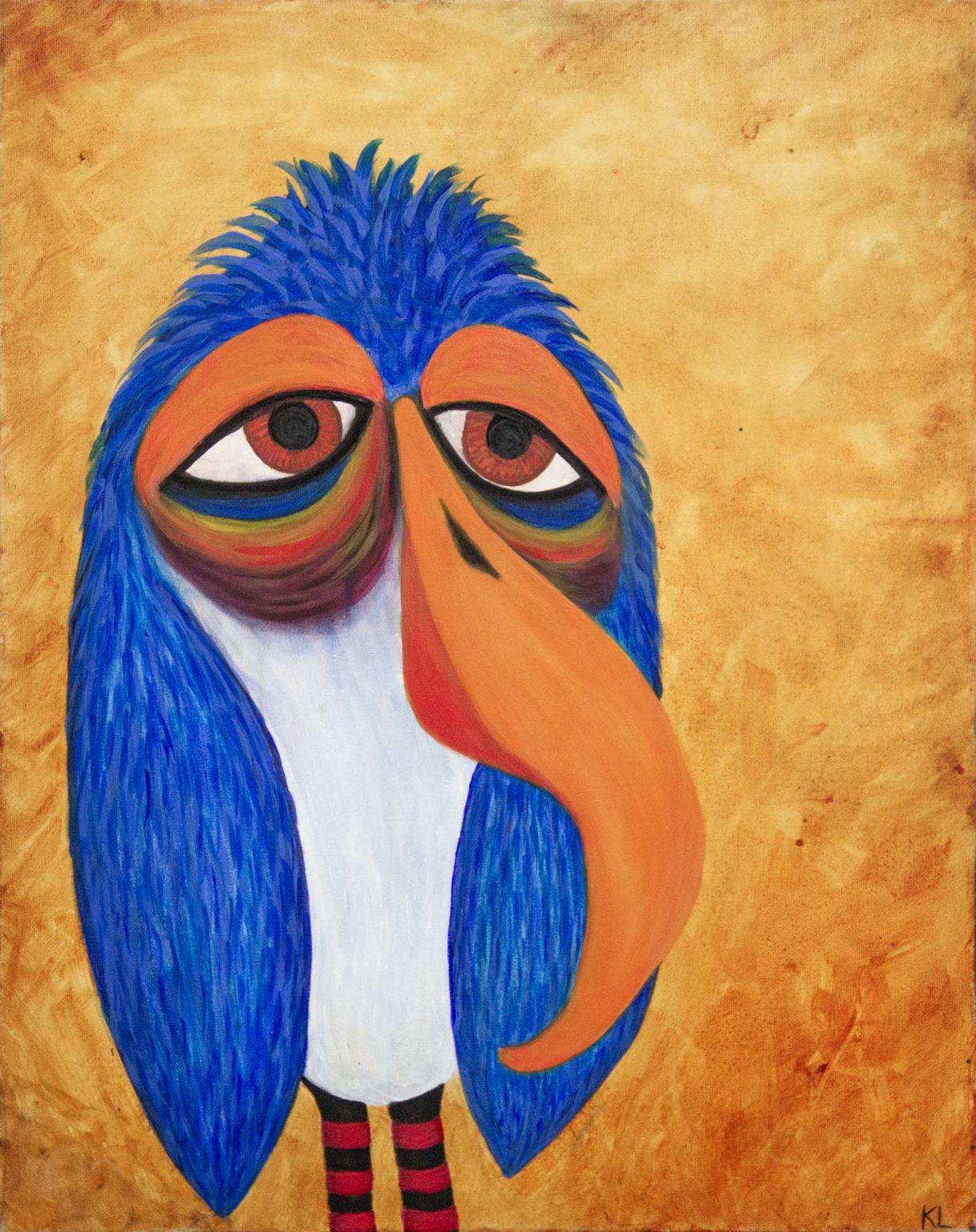 Funny bird painting of a blue bird with sleepy eyes and drooping orange beak