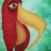 Whimsical bird painting of a shaggy red bird with a curling yellow beak on teal
