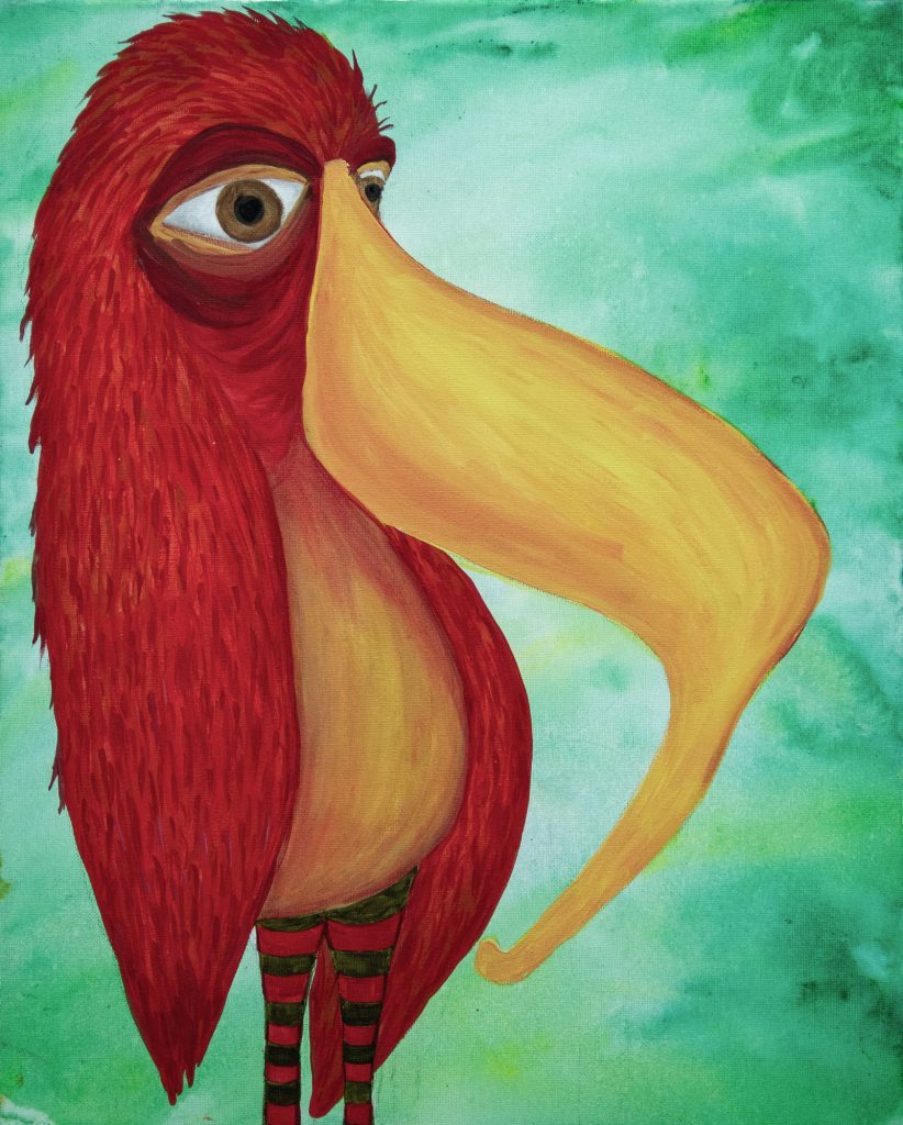 Whimsical bird painting of a shaggy red bird with a curling yellow beak on teal