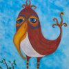 Whimsical bird painting of a long-legged red bird perched on a branch