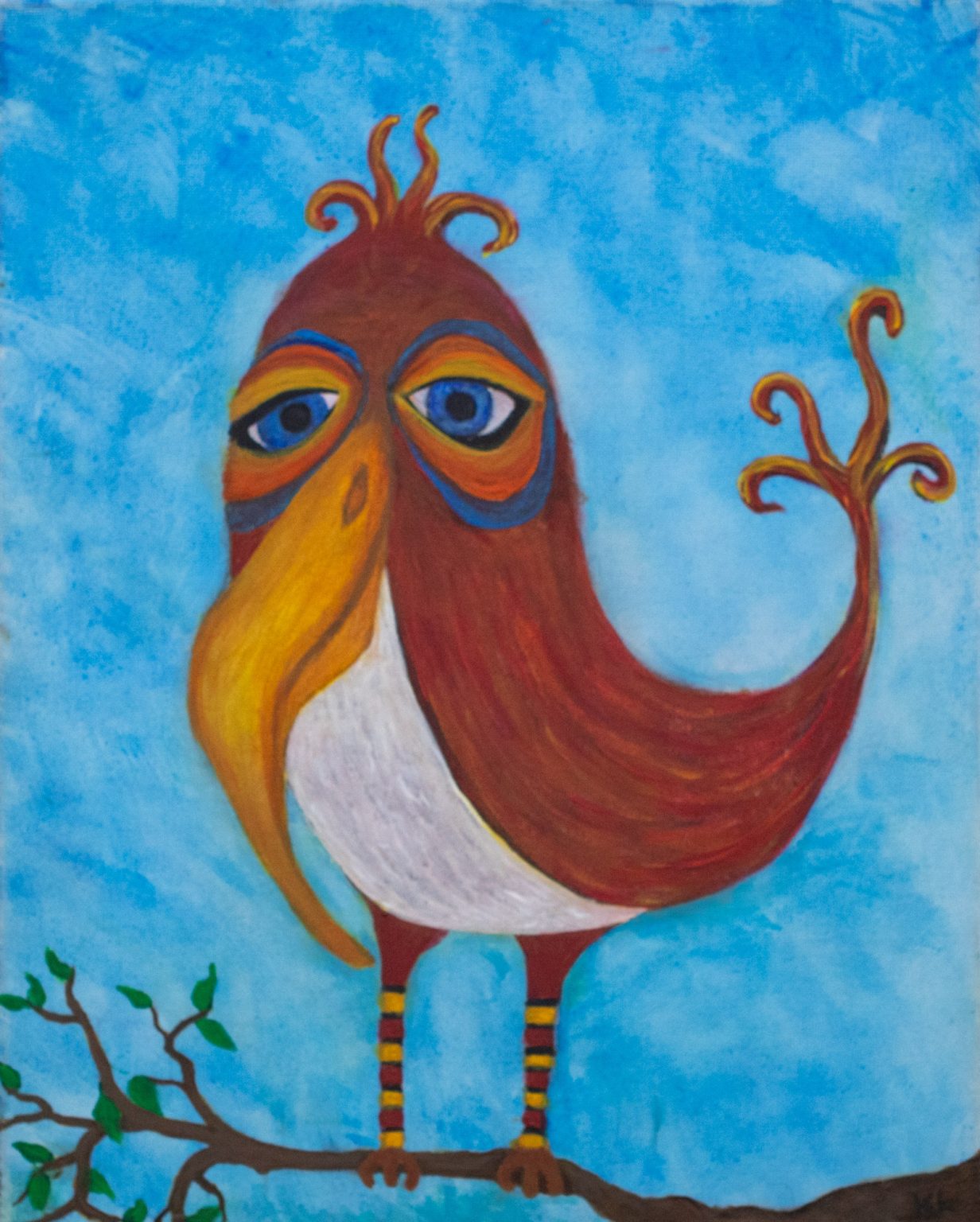 Whimsical bird painting of a long-legged red bird perched on a branch