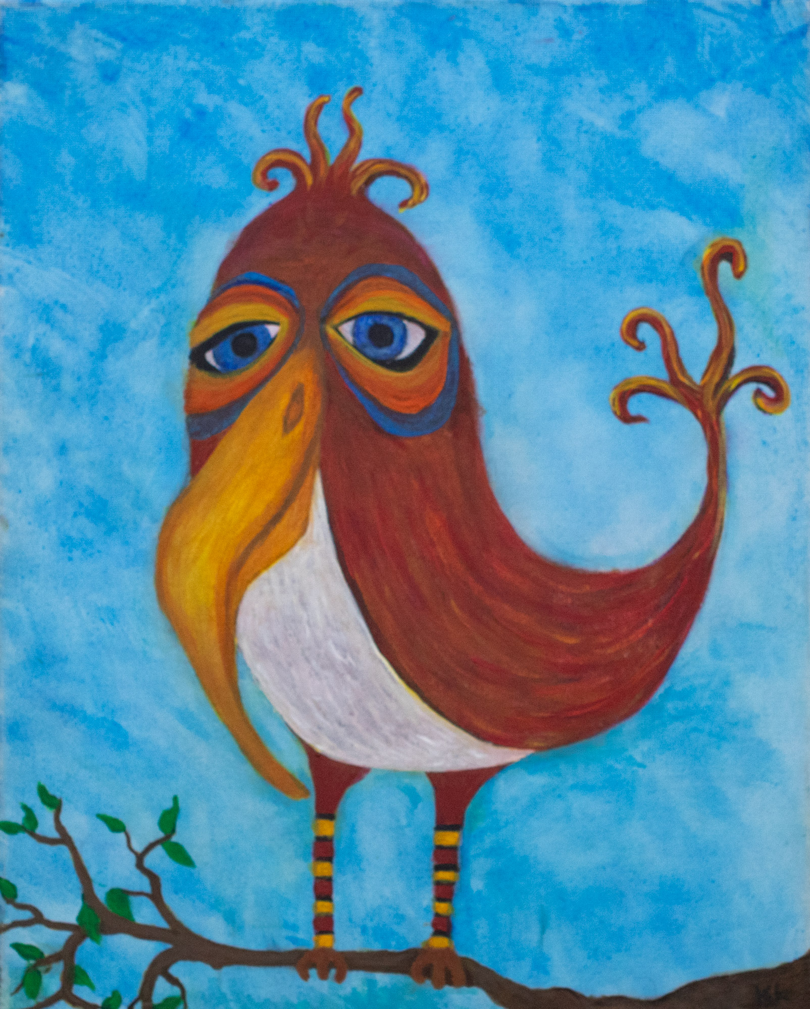 Whimsical bird painting of a long-legged red bird perched on a branch