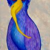 Purple bird painting of a violet bird with a spiky blue crest and striped legs