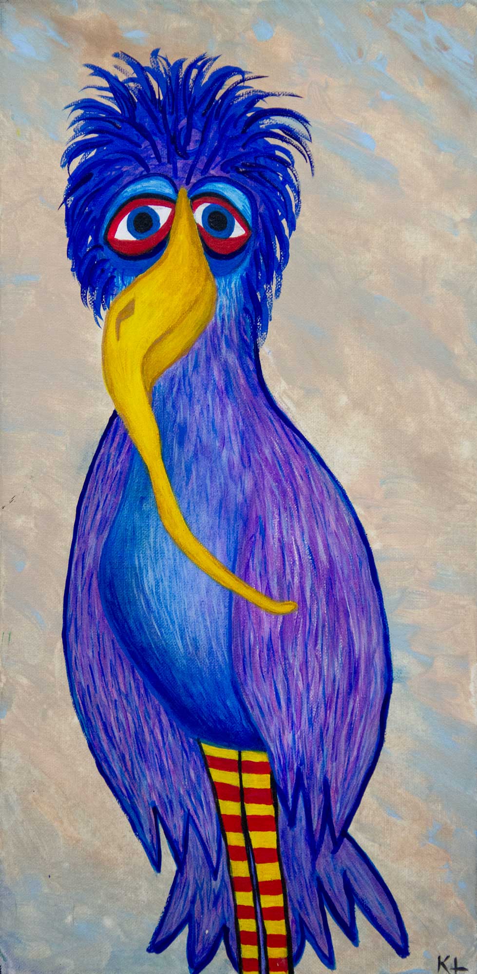 Purple bird painting of a violet bird with a spiky blue crest and striped legs