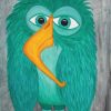Whimsical owl painting of a fluffy teal bird with sleepy eyes and orange beak