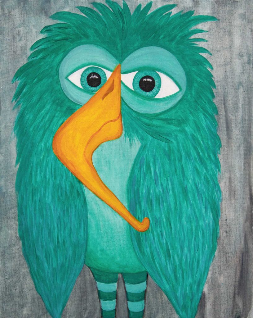 Whimsical owl painting of a fluffy teal bird with sleepy eyes and orange beak