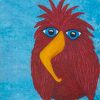 Whimsical bird painting of a fuzzy red bird with blue eyes on turquoise