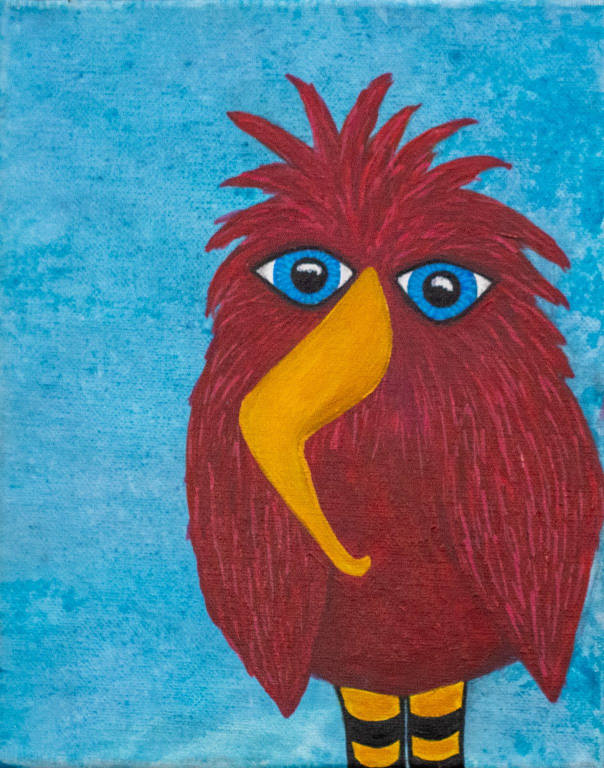 Whimsical bird painting of a fuzzy red bird with blue eyes on turquoise