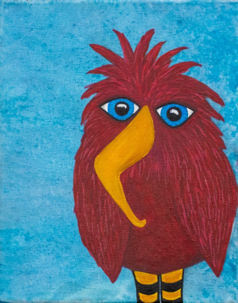 Whimsical bird painting of a fuzzy red bird with blue eyes on turquoise