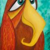 Quirky bird painting of a copper bird with turquoise eyes and gold crown