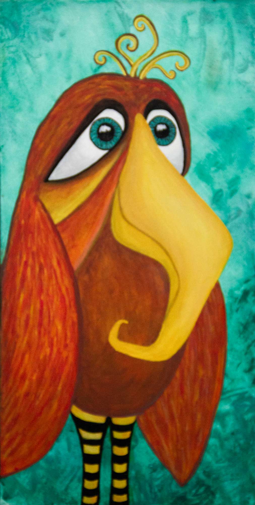 Quirky bird painting of a copper bird with turquoise eyes and gold crown