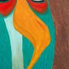 Teal bird painting of a teal green bird with red mask and golden beak