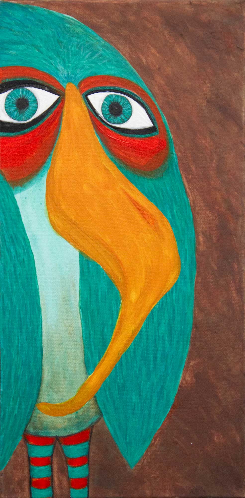 Teal bird painting of a teal green bird with red mask and golden beak