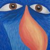 Close-up whimsical bird painting of a blue bird's face with brown eyes and orange beak