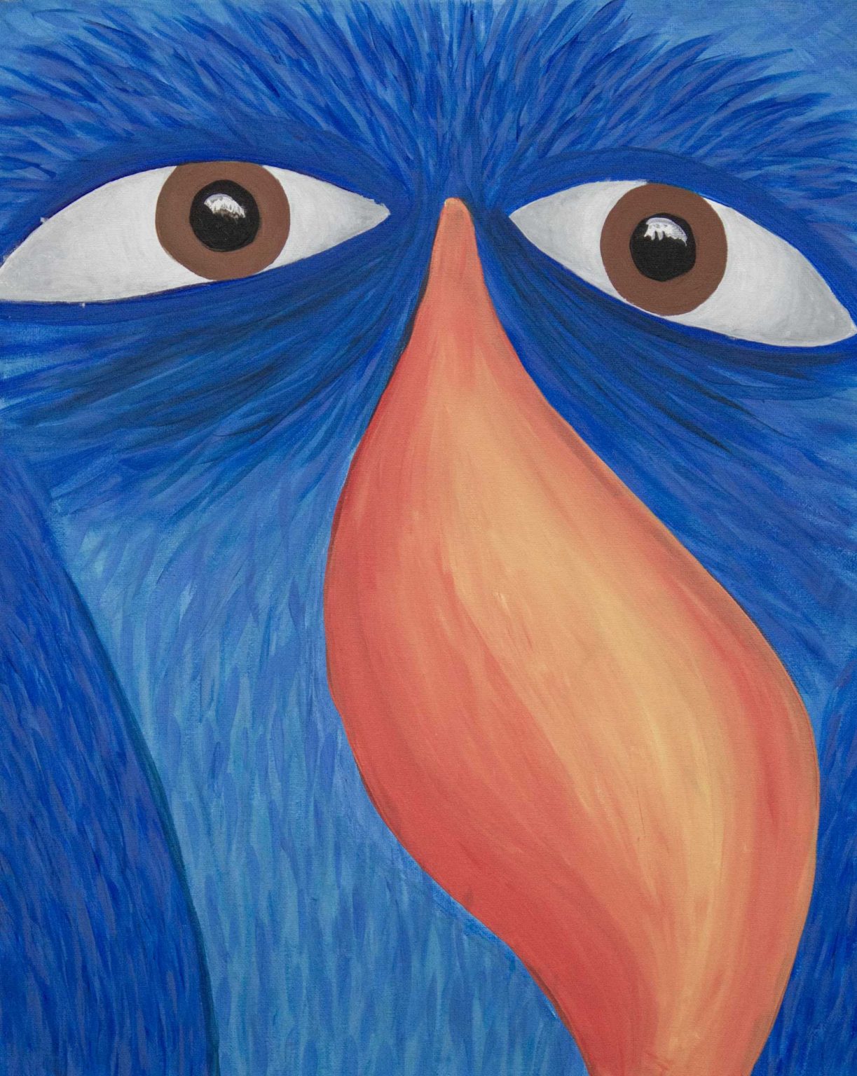 Close-up whimsical bird painting of a blue bird's face with brown eyes and orange beak