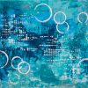 Teal abstract painting with white rings and rows of dots on turquoise