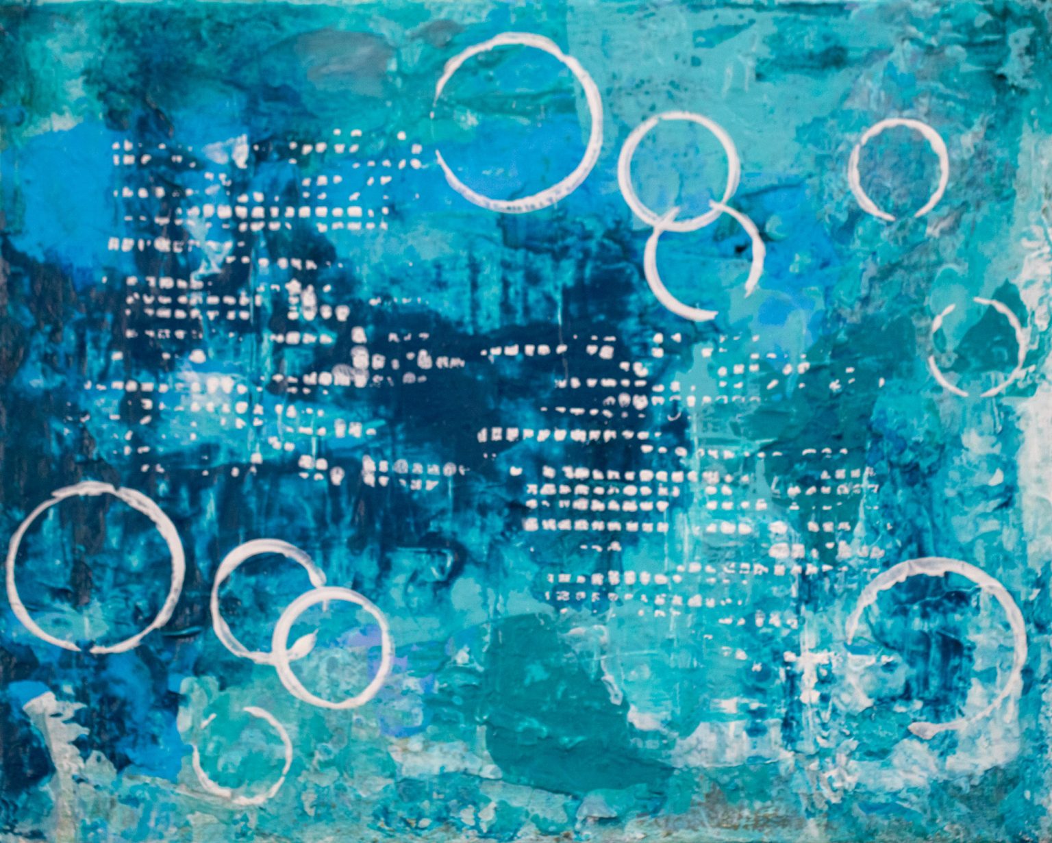 Teal abstract painting with white rings and rows of dots on turquoise
