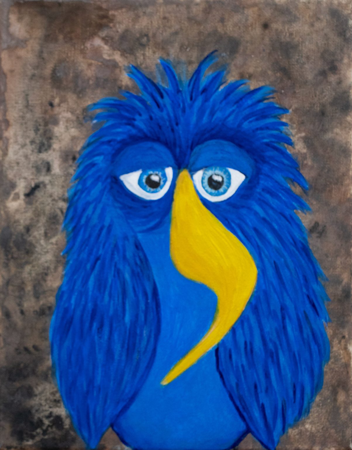 Whimsical bird painting of a blue big-eyed bird with yellow beak on brown