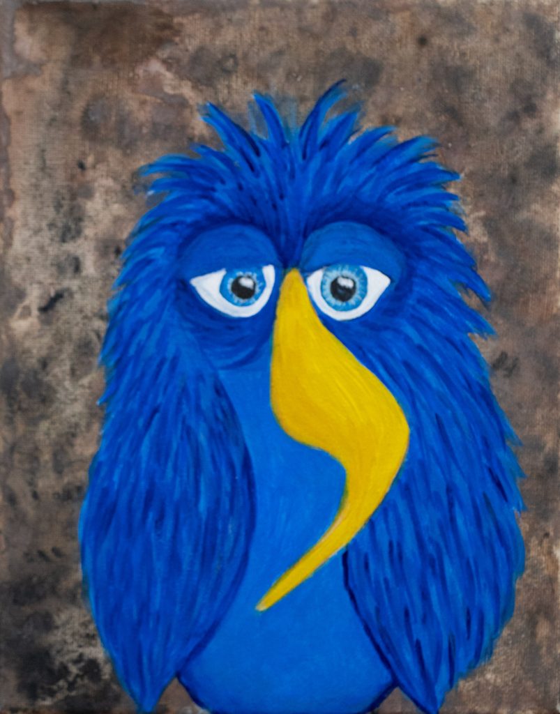 Whimsical bird painting of a blue big-eyed bird with yellow beak on brown