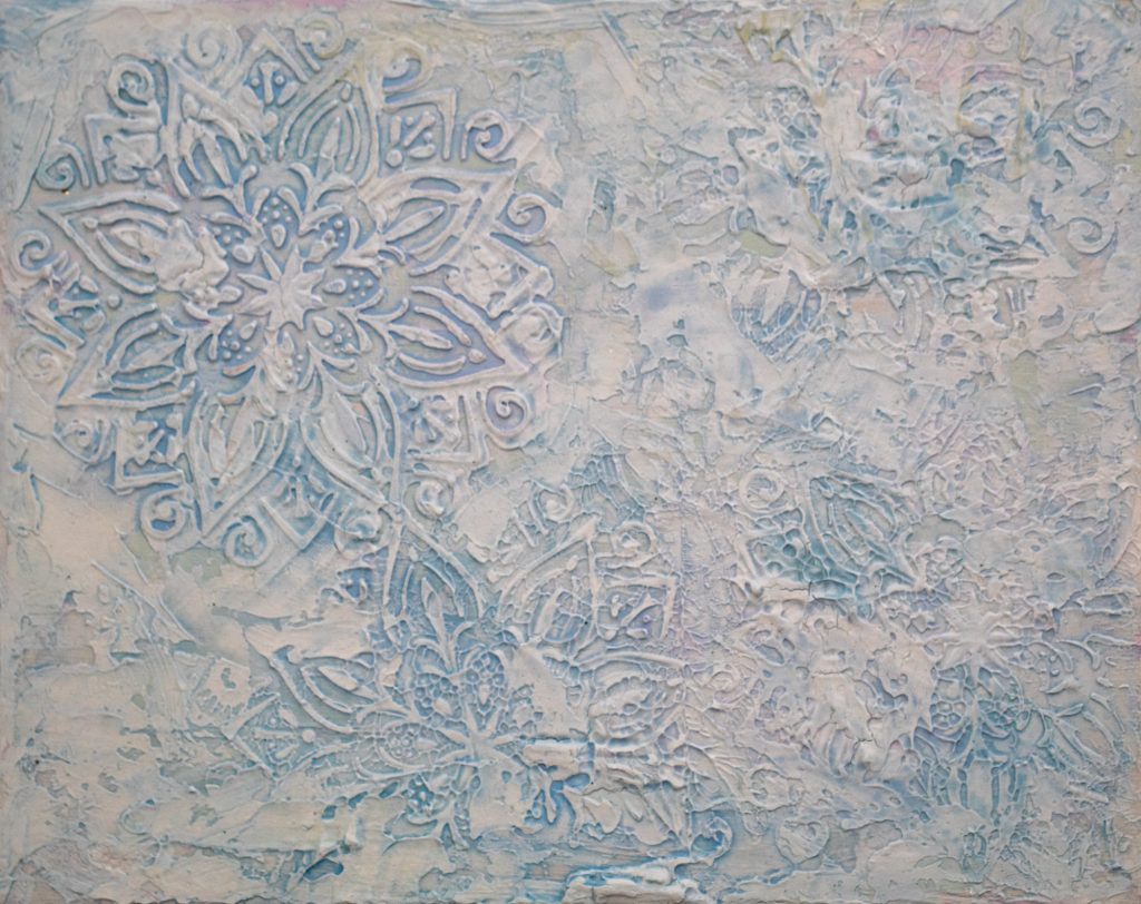 Textured abstract painting in white and pale blue with lace patterns