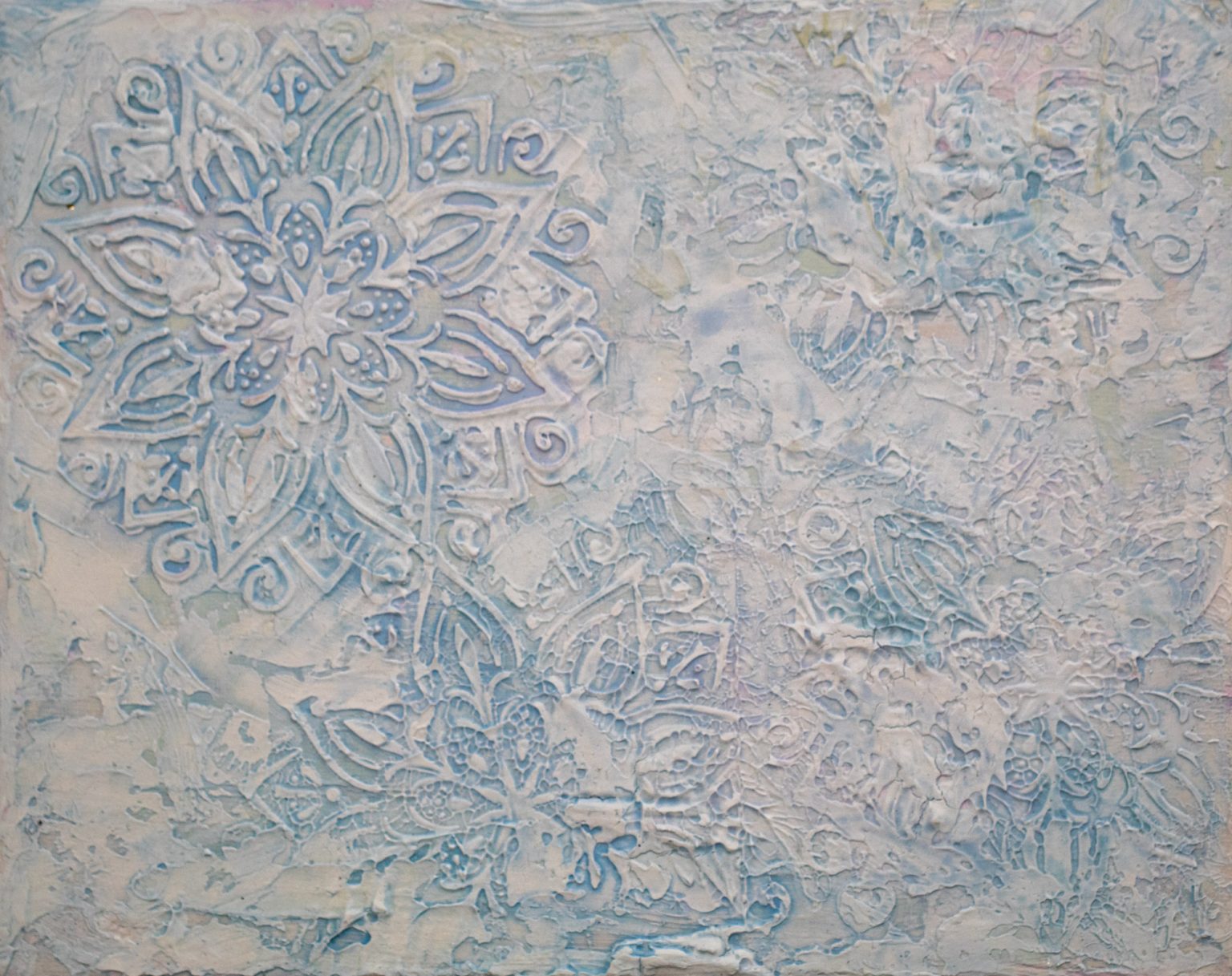 Textured abstract painting in white and pale blue with lace patterns