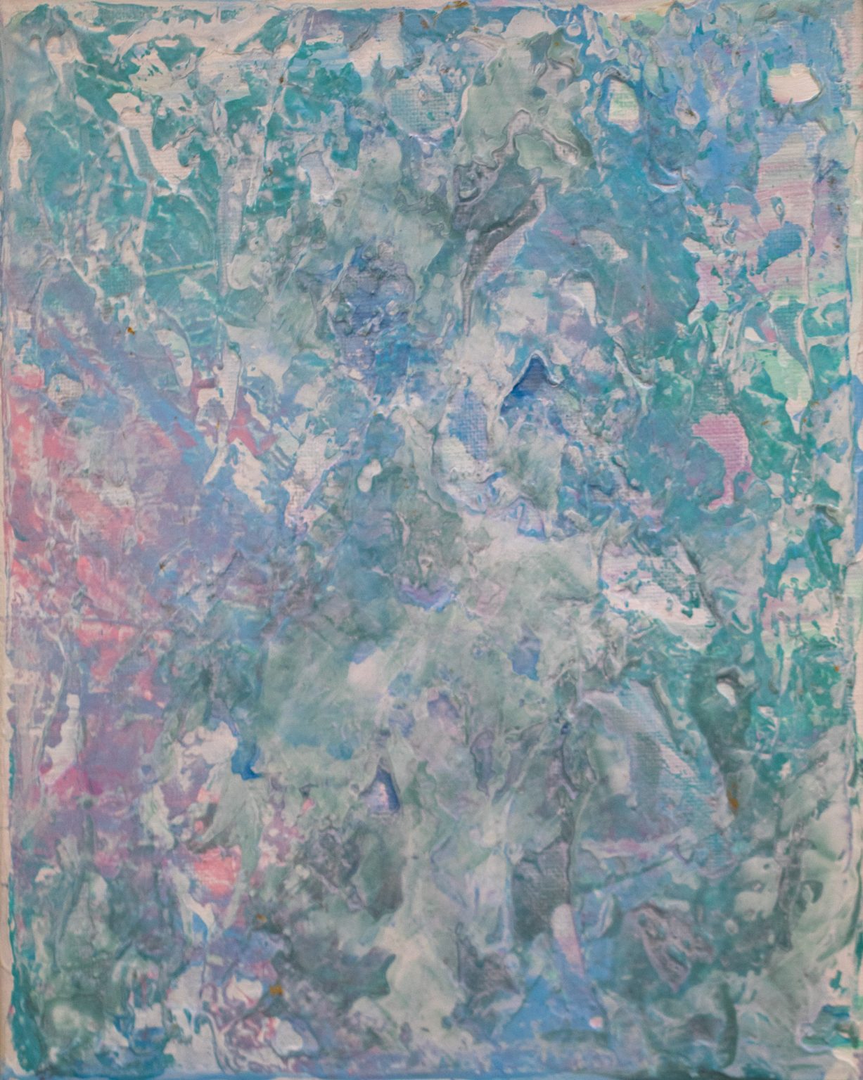 Blue and pink abstract painting with soft teal and blush palette-knife texture