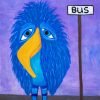 Whimsical bird painting of a blue bird beside a BUS sign on purple